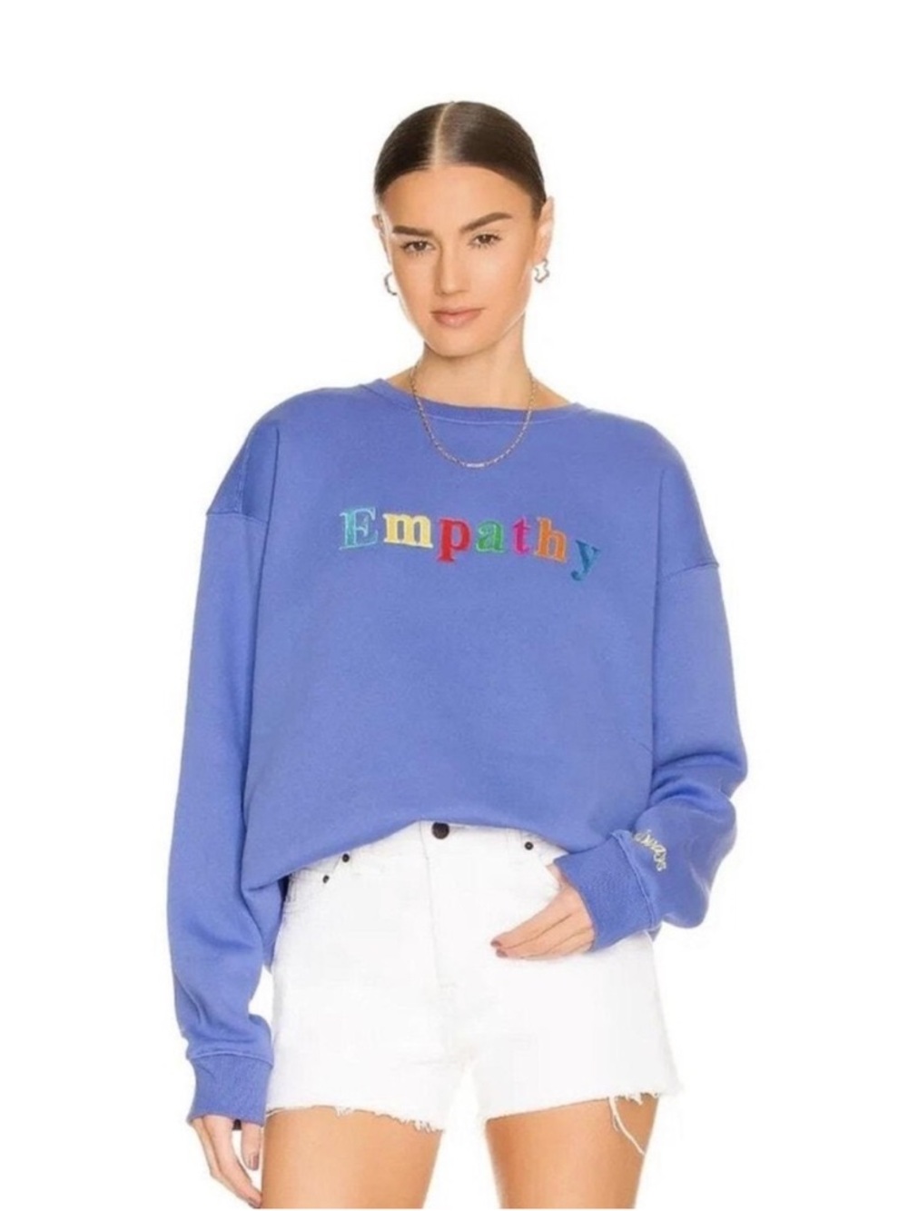 The Mayfair Group Empathy Always Crewneck Sweatshirt Blue Rainbow Embroidery M/L